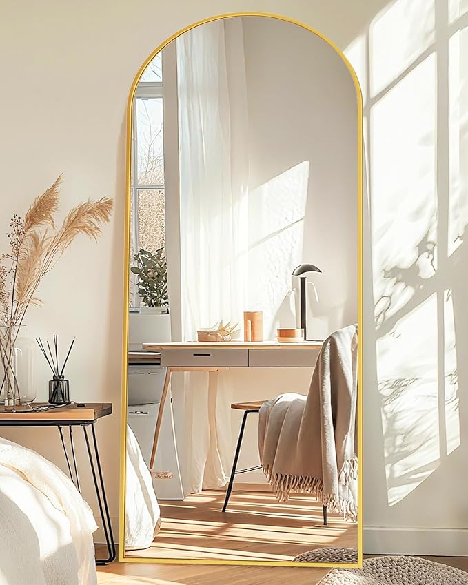 Full-Length Floor Mirror with Stand, 58"x18" Arched Style Full Body Standing Mirror for Bedroom, Living Room, Gym, Dorm - Shatter-Resistant & Easy Assembly, Gold