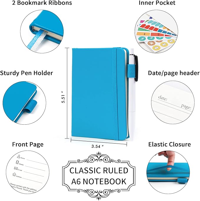 feela 15 Pack Pocket Small Notebooks Bulk, Mini Cute Notepads Hardcover College Ruled Lined Journals with Pen Holder for School Business Memos, with 15 Black Pens, 3.5”x 5.5”, A6, Teal