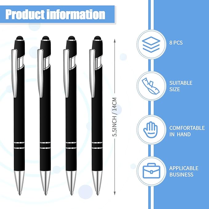 8 Pieces Ballpoint Pen with Stylus Tip Black Ink 2 in 1 Stylus Metal 1.0 mm Medium Point Smooth Pen Rainbow Colorful Rubberized Ballpoint for Touch Screen Tablet(Black)