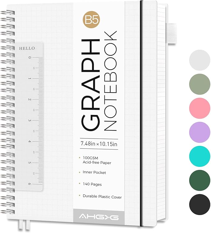 AHGXG Graph Paper Notebook - Spiral Notebook Journal 7.6" x 10", B5 Large Graph Notebook, 140 Pages, 100 gsm Thick Grid Paper, Waterproof Plastic Cover, for School Writing Engineering, Transparent