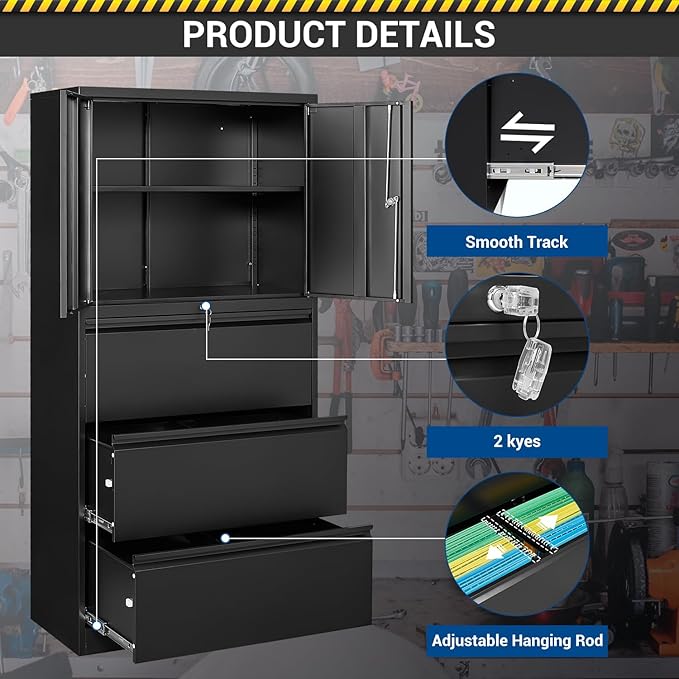 3 Drawers Lateral File Cabinet with Lockable Drawer and Door- Large Steel Filing Cabinet for Home Office Hanging Files Letter/Legal/F4/A4 Size