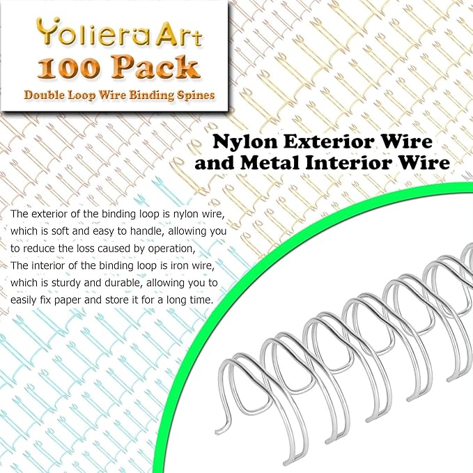 100 Pack Double Loop Wire Binding Spines, YolieraArt 1/4 Inch Spiral Binding Coils for Letter Size,Metal Bindings for Notebook Binder Machine (20 Sheet Capacity, 100P, 3:1 Pitch Twin Combs, Silver)