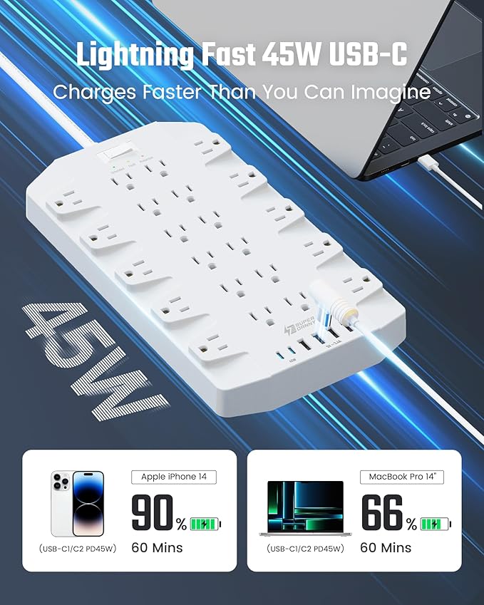 45W Power Strip Surge Protector with PD USB-C, SUPERDANNY 1875W/15A, 2100J, 6.5ft Flat Plug Mountable Extension Cord with 22 Outlet+6 USB Port, Fast Charging for Home,Office,Dorm,Gaming,PC,Streaming