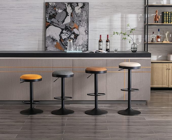Round Swivel Counter Height Bar Stools Set of 1 Modern Adjustable Barstools Backless PU Leather Bar Chairs Industrial Island Chairs with Metal Base/Footrest for Kitchen Island/Pub/Bar, Brown