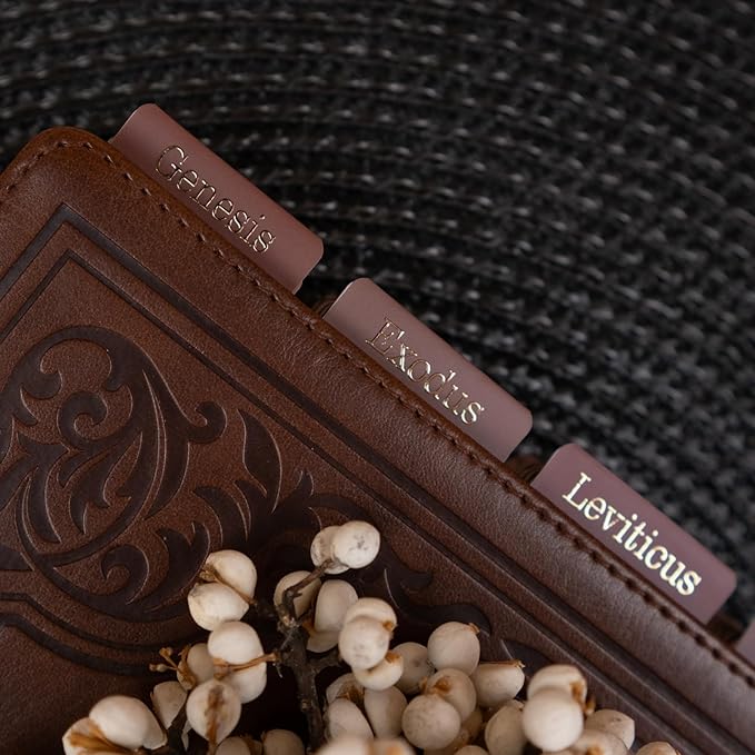 UPAFEXXI-Laminated Bible Tabs for Women and Men (Gold Foil Embossed Lettering) Reposition Large Print tabs, Easy to Read and Apply, 80 Bible Chapters Labels for Easy Navigation(Brown)