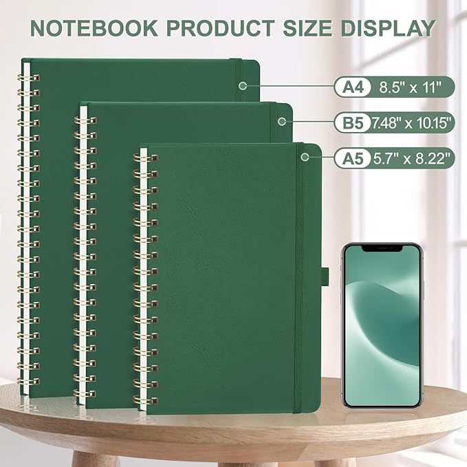 AHGXG Lined Spiral Notebook Journal for Women, 140 Pages Hardcover Leather Notebook College Ruled, A5 5.7" x 8.3", 100 GSM Thick Paper, Notebooks for School Work, Journals for Writing, Green