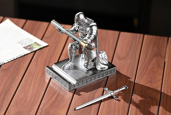Medieval Armored Warrior Wearing Outerwear, Mobile Phone Stand Knight Pen Holder Desk Organizers, Resin Bookends Paperweight with a Letter Opener for Desk (Silver)