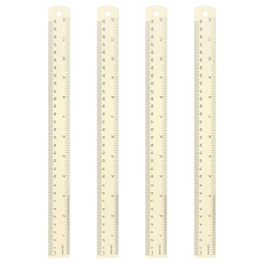 HARFINGTON 4pcs Metal Straight Ruler 30cm Metric SAE Aluminum Alloy Measuring Rulers Scale Tool with Hole for Measure Study Reading Classroom Office, White