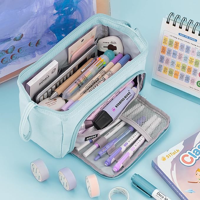 Pencil Case Pouch Large Capacity with Compartments, Pencil Case Pouch Bag with Zipper Handle for Teen Girls Boys Adults Women Men, Portable Pen Bag Stationery Organizer for Office School Travel, Blue