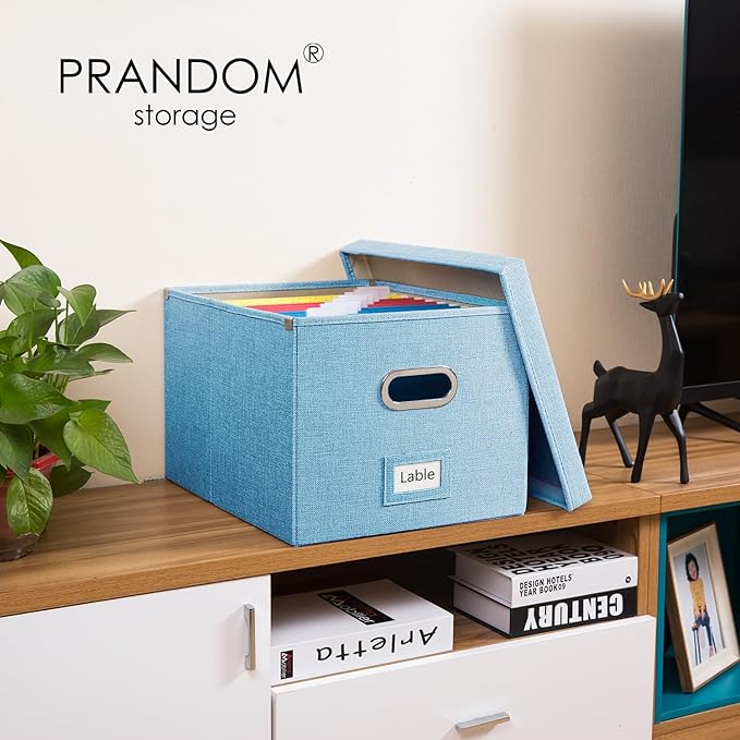 PRANDOM File Organizer Box - Set of 4 Collapsible Decorative Linen Filing Storage Hanging File Folders with Lids Office Cabinet Letter/Legal Size Blue 17.1x14x11.1 inch