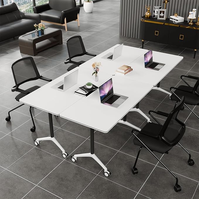 Folding Conference Table, Modern Conference Room Tables with Flip-Top Design, Foldable Conference Table Meeting Table with Wheels, Mobile Seminar Training Tables for Office Classroom (6, White 2)