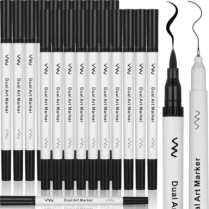 20 Pcs Black Drawing Pens Bulk Dual Brush Fineliners Pens Felt Tip Markers for Art Drawing Sketching