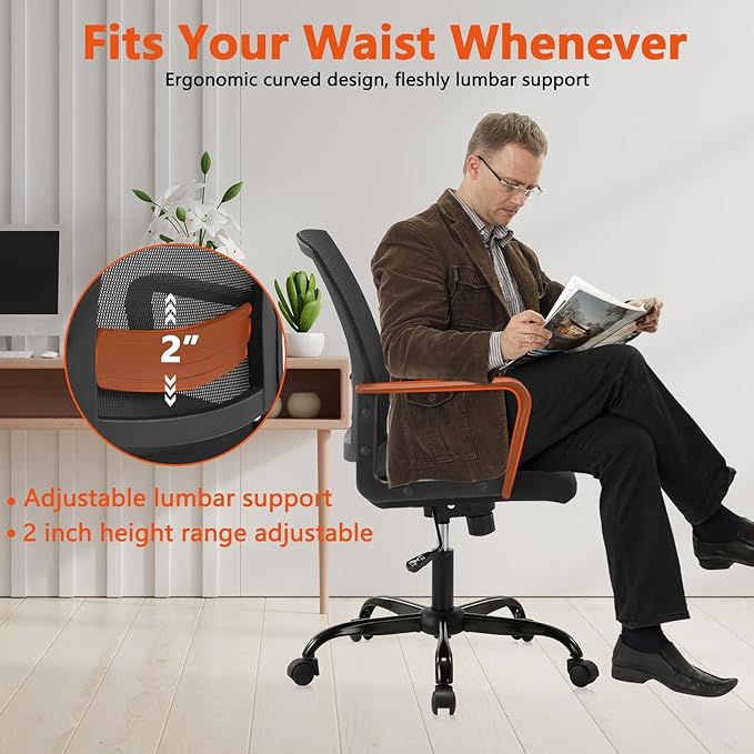 CLATINA Office Chair, Mid Back Ergonomic Desk Chairs Rolling Mesh Computer Chair with Executive Lumbar Support and Height Adjustable Design for Home Office, Black