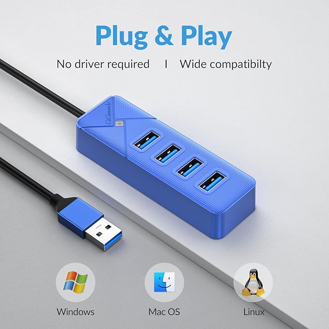 4 Port USB 3.0 Hub, 5Gbps Multi Ports USB Splitter USB Expander for Laptop, Computer, PC, PS4, Xbox, Printer, Keyboard, Mouse, Compatible with Windows, Mac OS, Linux (Blue, 15cm)