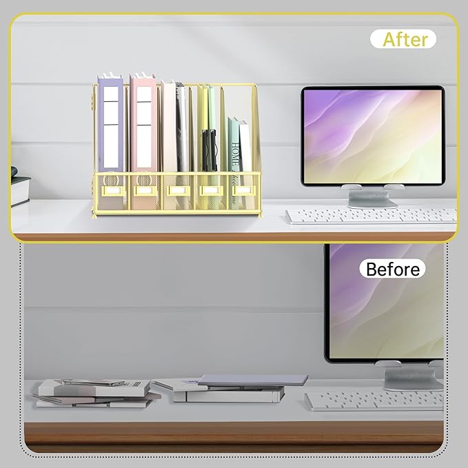 SUPEASY Desk Organizers Metal Desk Magazine File Holder with 5 Vertical Compartments Rack File Organizer for Office Desktop, Home Workspace, Gold Plus