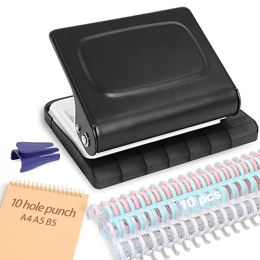10 Hole Punch Binding Machine for Planners with 10 Multi-Color Binder Rings,30 Holes on A4,20 Holes on A5,26 Holes on B5,10 Sheet Capacity (Black)