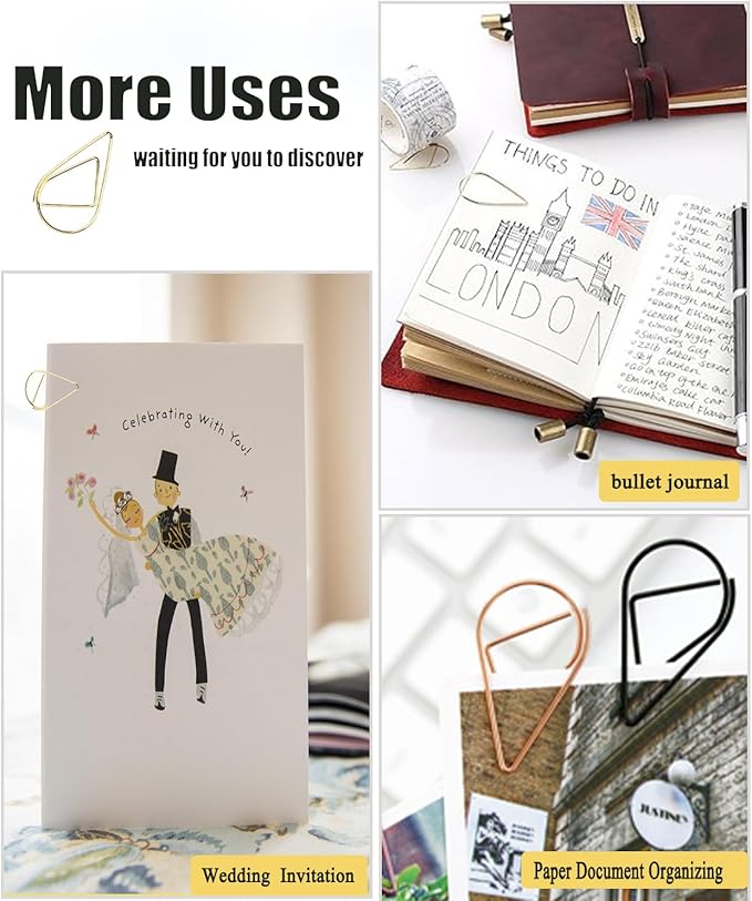 200 Pcs Teardrop Paper Clips Bulk,Stainless Steel Rust-Resistant Paperclips for Wedding Invitations, 3X Stronger Hold with Mirror Polish (Gold, 1inch)