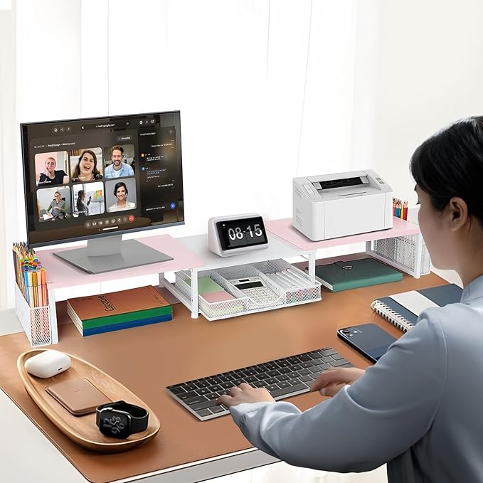 Desk Dual Monitor Stand Riser - Desk Organizer with Drawer and Pen Holders, Office Desk Accessories & Workspace Organization, Computer Monitor Stand for Laptop, Printer(Pink＆ White)