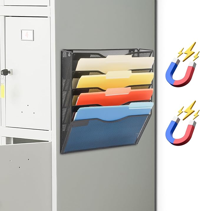 EASEPRES Magnetic 5 Pocket Mesh Hanging File Organizer, Wall Mounted Mail Paper Document Folder Holder, Clipboard Storage Organization Magazine Rack with Nametag Label for Office Home School, Black