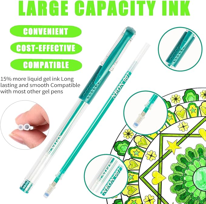 Neon Gel Pens for Coloring Book,72 Color Gel Pens Set including 24 Color Gel Pen with 48 Refills,40% More Ink Colored Gel Pens for Drawing, Doodling, Scrapbook, Journaling