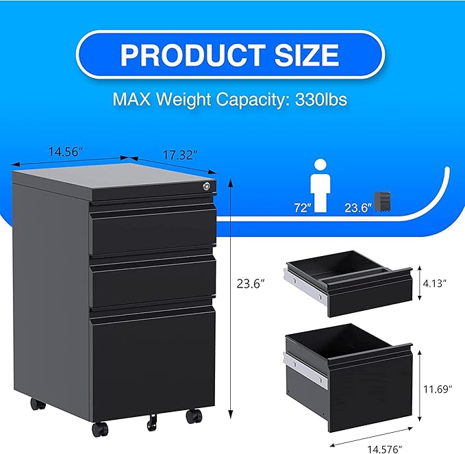 Aobabo 3 Drawer File Cabinet with Lock,Metal Filing Cabinet with Wheels for Home Office & Business Enterprise, Legal/Letter Size, Fully Assembled Except Wheels, Black