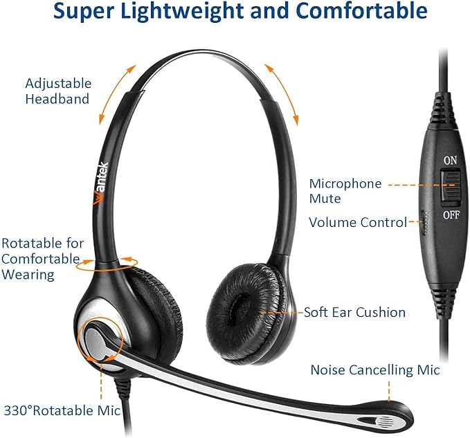Telephone Headset with Microphone Noise Cancelling, RJ9 Phone Headset Compatible with Volume Adjustment Mute Control Switch for Call Center Office