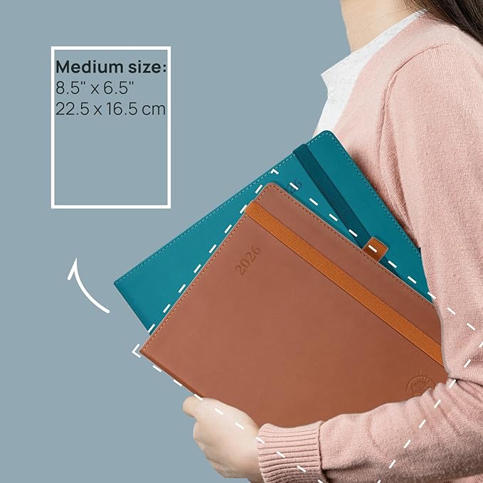 POPRUN 2026 Planner (Medium - 6.5'' x 8.5'') - 2026 Weekly Calendar ((Jan. 2026 - Dec. 2026) with Hourly Time Slots, Weekly/Monthly Appointment Book for Time Management - Leather Soft Cover - Grey