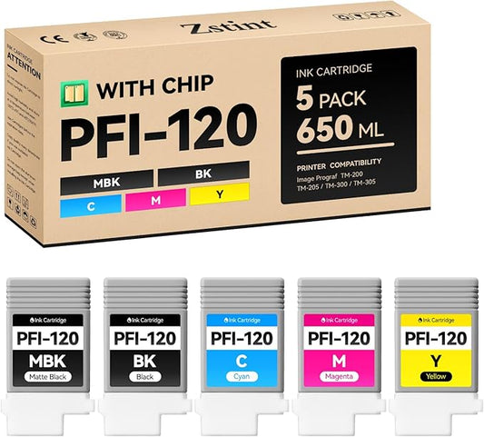 PFI-120 Pigment Ink Tank Set 5-Pack 130ml High Capacity Replacement for Canon PFI-120 PFI120 Ink Cartridges Compatible with Canon imagePROGRAF TM-200 TM-205 TM-300 TM-305 Printer Black Yellow Magenta