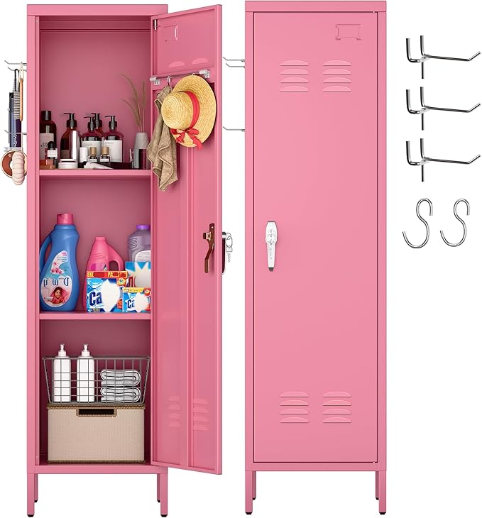 Aobabo Metal 54" H Metal Storage Locker for Employees, Lockable 1 Door with Towel Rack and 2 Side Pegboards with Hooks for School Office Gym Home, Assembly Required (Pink)