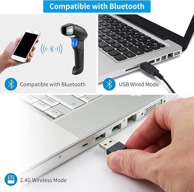 NetumScan Bluetooth QR Barcode Scanner with Stand, 3 in 1 Wireless 1D 2D Bar Code Scanner USB Image Bar Code Reader for Computer, Tablet, iPhone, iPad, Android