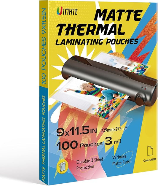 Uinkit Matte Thermal Laminating Pouches 9 x 11.5 Inches 3 Mil Thick Matte Finish 100 Sheets Large Package Fitted for Letter Size Laminating Sheets 8.5 x 11