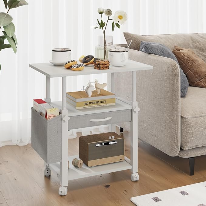 Large 22"x15" Printer Stand, 3-Tier Height Adjustable with Storage Drawer & Side Bag, Rolling Cart for Heat Press/Laser/3D Printer (White)