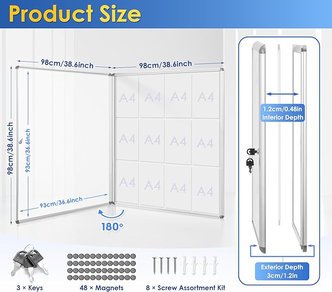 SWANCROWN Locking Bulletin Boards Enclosed Noticeboard White Glass Message Boards Indoor for School Office 38x38 inches (12xA4)