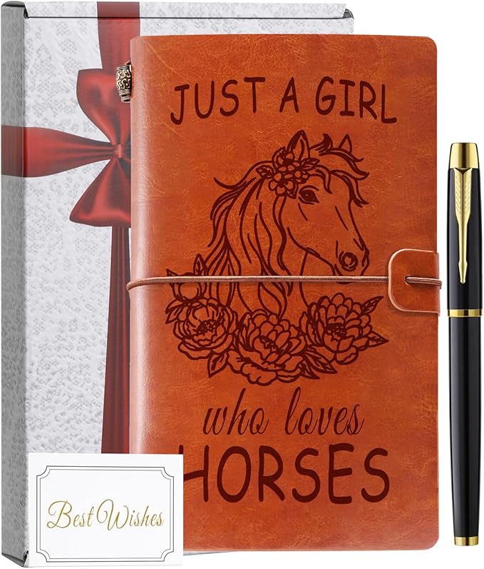 Just A Girl Who Loves Horses Leather Notebook Journal with Pen, Horse Stuff Horse Gifts for Girls Horse Lovers, Leather Refillable Notebook, Sketchbook, Travel Diary