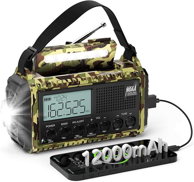 Emergency Weather Radio, 12000mAh/44400mWh Solar Hand Crank AUTO NOAA by PPLEE