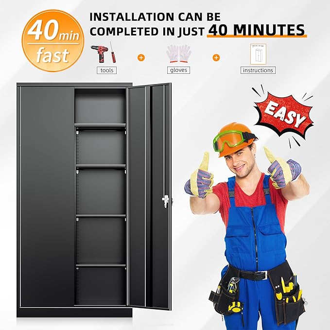 INTERGREAT Metal Storage Cabinet with Lock,Storage Wardrobe Cabinets with 4 Adjustable Shelves and Hanging Rod,Black Wardrobe Cabinet with Lockable Doors for Home Office,Warehouse,Garage