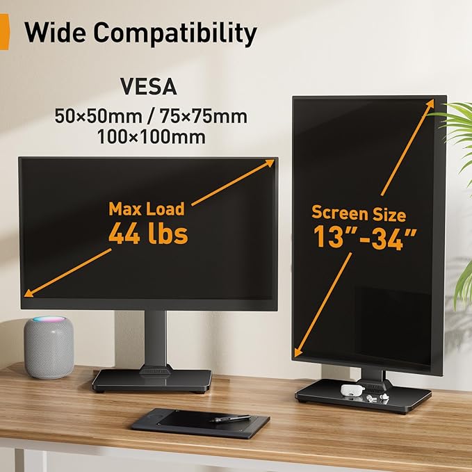 Perlegear Monitor Stand, Freestanding Monitor Mount for 13-34 inch Screens with 360 Degree Rotation, 5 Height Settings, Adjustable Desk Riser with Swivel and Tilt, Max VESA 100x100mm, PGTVS29