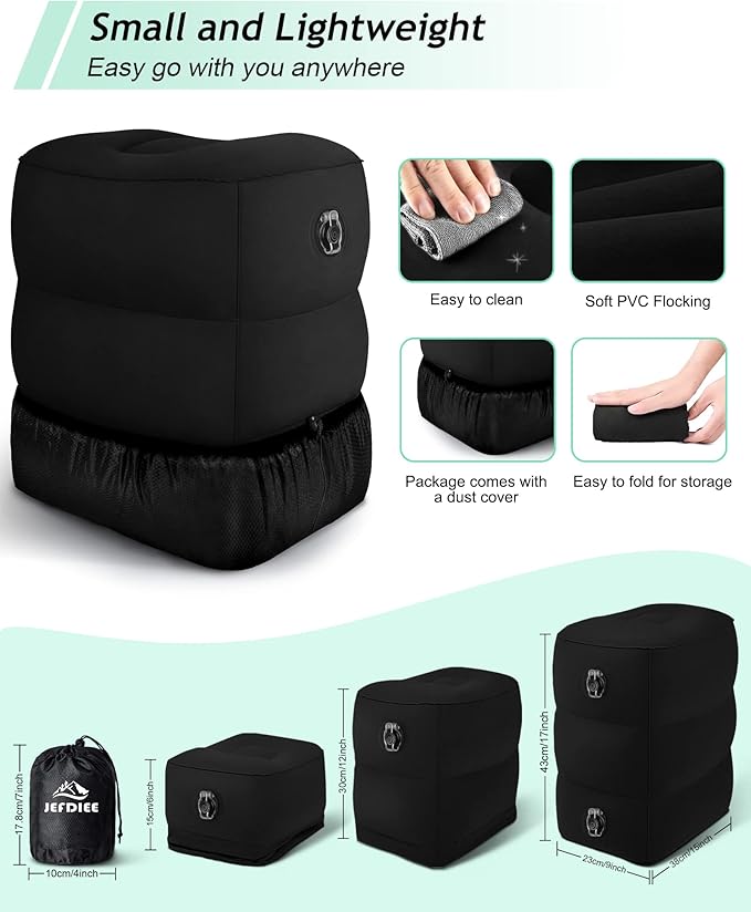 JefDiee Inflatable Travel Foot Rest Pillow, Kids Airplane Bed, Adjustable 3 Layers Height Leg Rest Pillow, Adults Travel Essentials Great for Airplane, Office, Home, Trains, Cars (Black)