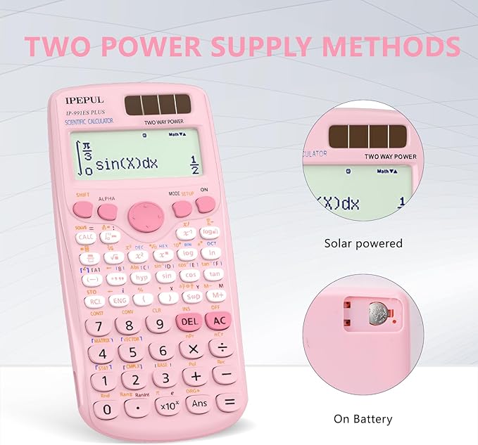 Scientific Calculators, IPepul Pink Math Calculator with 417 Function, Solar Battery Power and 4-Line Display, School Supplies for Middle High College Students Teachers (Pink 991ES Plus)