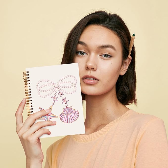 JXREQ Preppy Cute Pink Bow Seashell Starfish Journal Notebook for Women Note Taking Writing, Coquette Journal School Office Supplies, Girly Spiral Notebooks 5.5x8.3