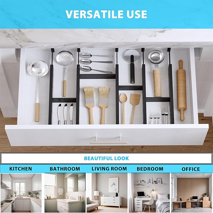 6 Pack Bamboo Drawer Dividers with 12 Inserts, Expandable Adjustable Clothes Drawer Organizers and Storage from 17" to 22" for Kitchen, Bedroom, Dresser, Cosmetics (Black)