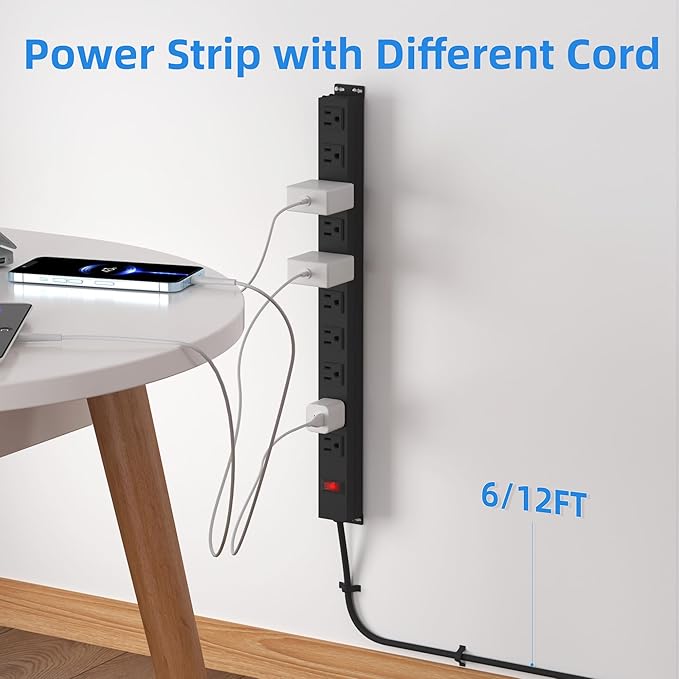 10 Outlet Power Strip 6FT Long Extension Cord Heavy Duty Power Strip Wall Mount Outlet Metal for Kitchen,Office,School,Garage,Workshop,Industrial,125V/15A/1825W,Black(6FT)