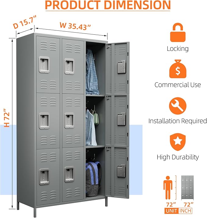 Metal Storage Locker with 9 Doors and 27 Hooks,Metal Lockers for Employees with Lock for School Garage Office Gym,Assembly Required,Light Grey