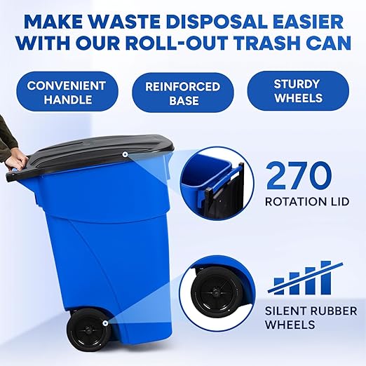 50-Gallon Recycle Rollout Trash Can with Lid, Commercial Heavy-Duty Container with Wheels, Blue