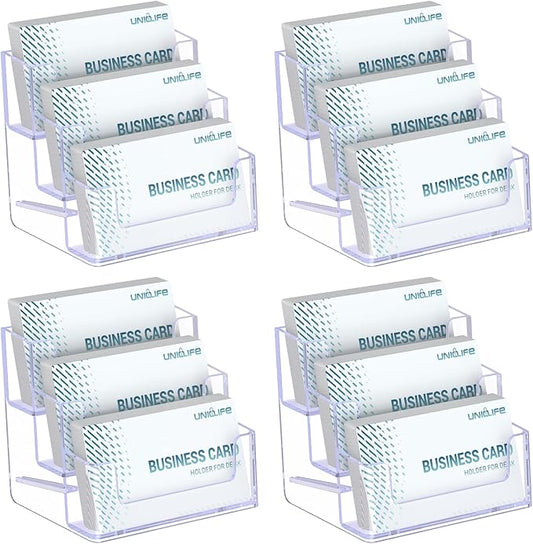 Uniclife 4 Pack Acrylic Business Card Holder for Desk 3 Slots Clear Business Card Display Stand for Men & Women Desktop Business Card Organizer Card Stand for Office Home Exhibition, 180 Card Capacity