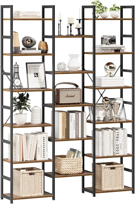 NUMENN Triple Column 6 Tier Bookshelf, Bookcase with 17 Open Display Shelves, Adjustable Rustic Industrial Style Book Shelves, Modern Bookshelves for Bedroom, Living Room and Home Office, Vintage