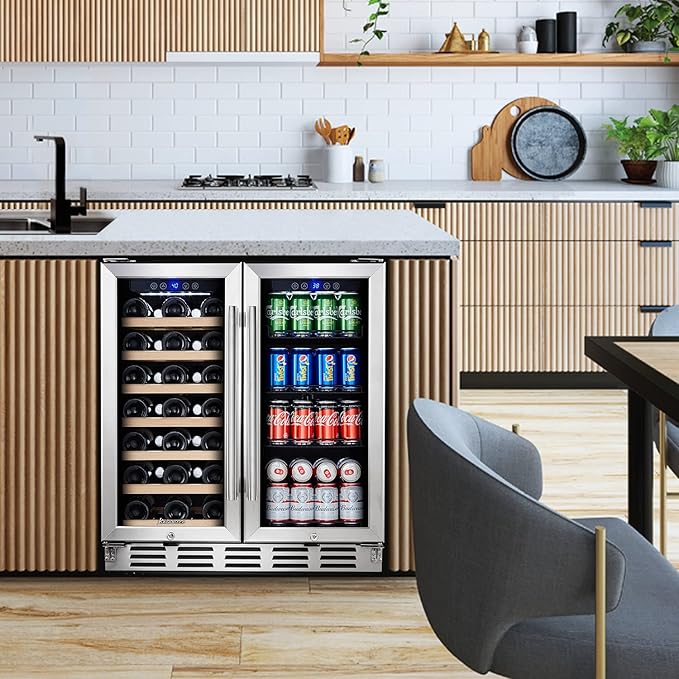 Kalamera Wine and Beverage Refrigerator, 30 inch Wine Fridge Dual Zone Hold 33 Bottles and 96 Cans, Digital Touch Control, Built-In or Freestanding