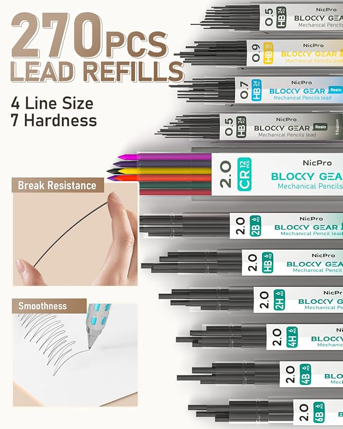 Nicpro Blocky Gear Art Mechanical Pencil Set with Case, 36PCS Metal Mechanical Pencils 0.5, 0.7, 0.9mm & 2mm Lead Holder for Drawing Sketching with 20 Tubes (6B 4B 2B HB 2H 4H Colors) Lead Refills