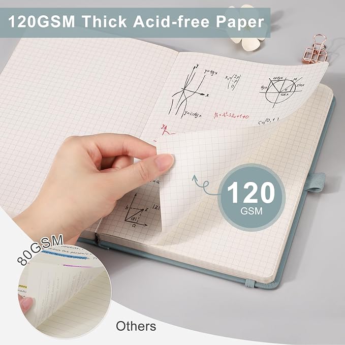 EMSHOI Graph Paper Notebook 256-Page A5 Grid Journal, PU Leather Hardcover 120gsm Thick, Bleed-Resistant Paper, Portable 5.75” x 8.38” Size for Work, Math, Engineering– Dark Grey