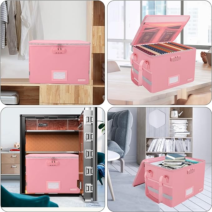 ENGPOW File Box with Lock, Fireproof Document Box with Pockets, Collapsible File Organizer Filing Storage Cabinet with Handle, Portable Home Office Safe for Hanging Letter/Legal Folders, Pink, 2 Pack